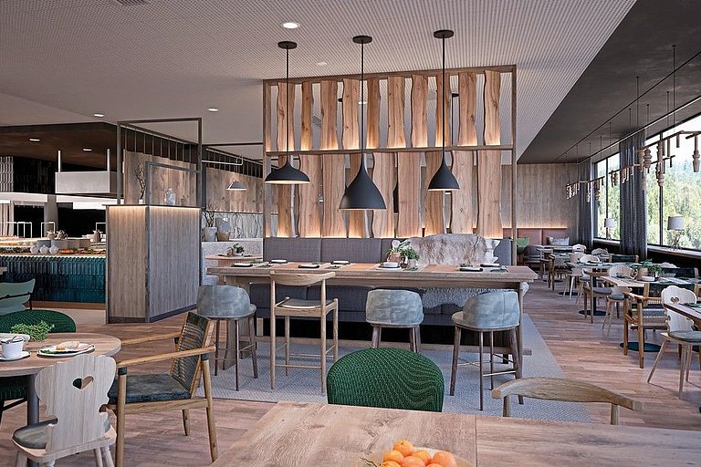 Das Bild zeigt ein Restaurant im modernen Stil mit guter Beleuchtung.
