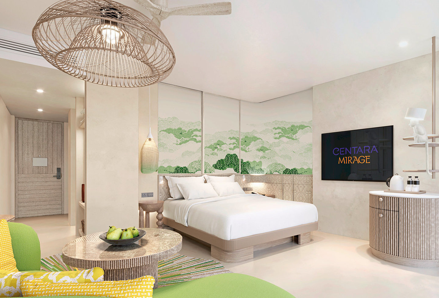 Helles Zimmer im Centara Mirage Lagoon Maldives mit modernem Design und Wandkunst.