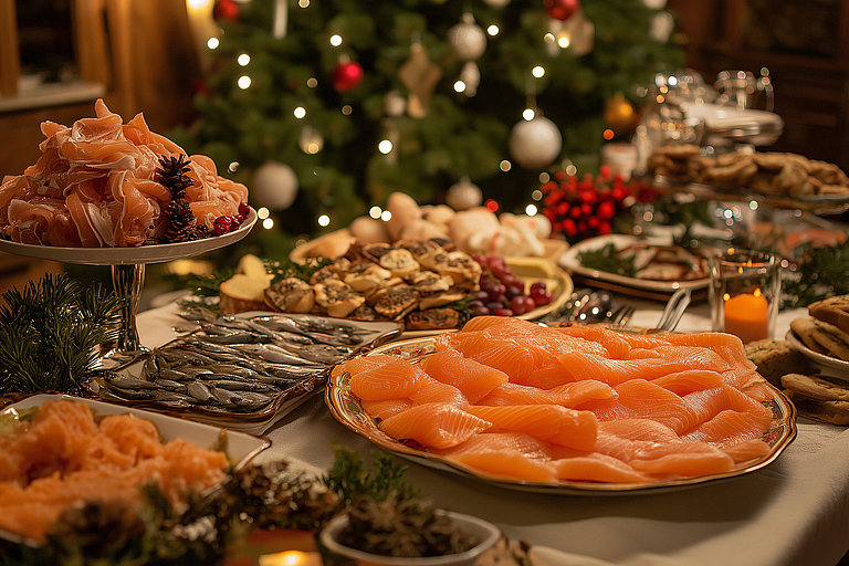 Traditionelles Weihnachtsbuffet mit Lachs, Schinken und Fisch vor Weihnachtsbaum.