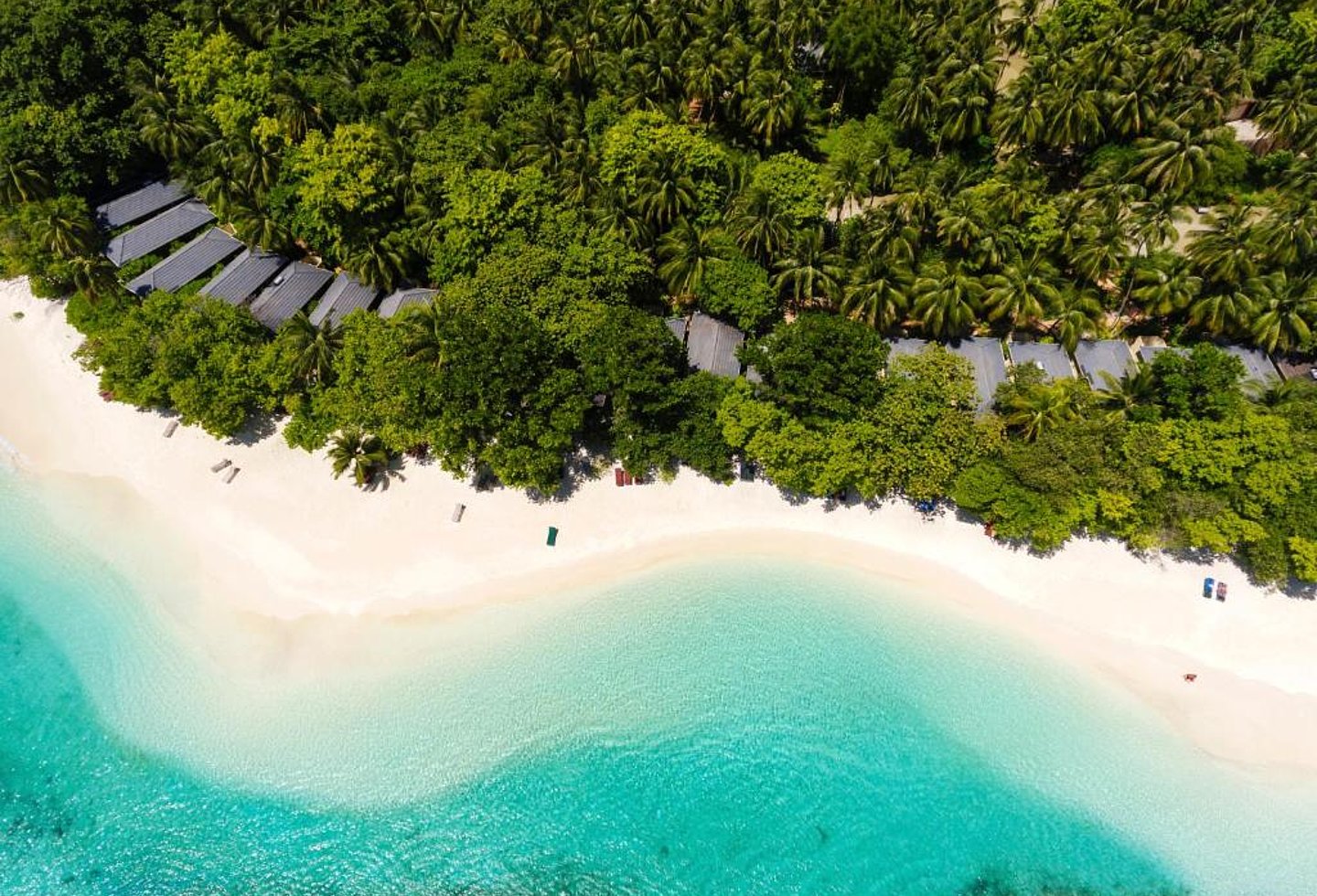 Luftaufnahme eines weißen Sandstrands mit dichtem Tropengrün und türkisblauem Meer.