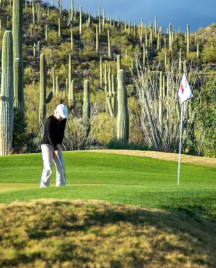 Golfer schlägt auf einem gepflegten Grün vor Weinreben und sanften Bergen ab.