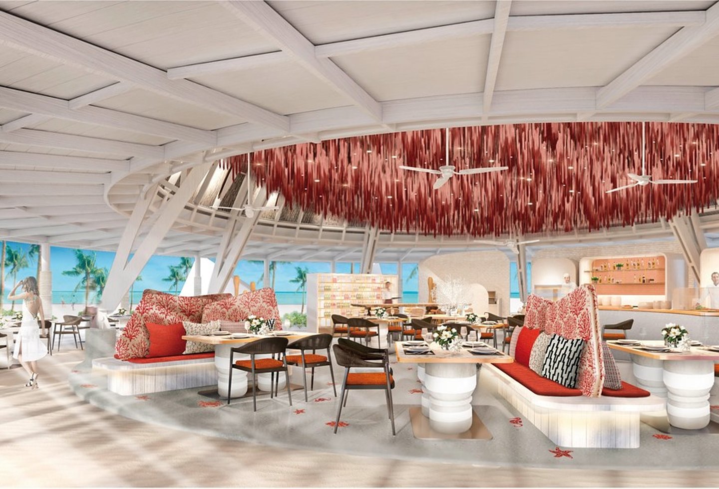 Offenes Restaurant auf den Malediven mit roter Blumendecke, mit Blick aufs Meer.