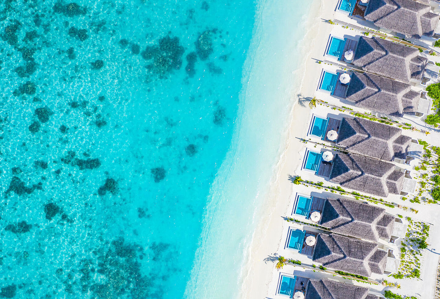 Strand mit Villen von oben fotografiert