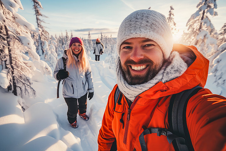 Lächelnder Mann im Schnee macht ein Selfie, während eine Frau durch den Winterwald läuft.
