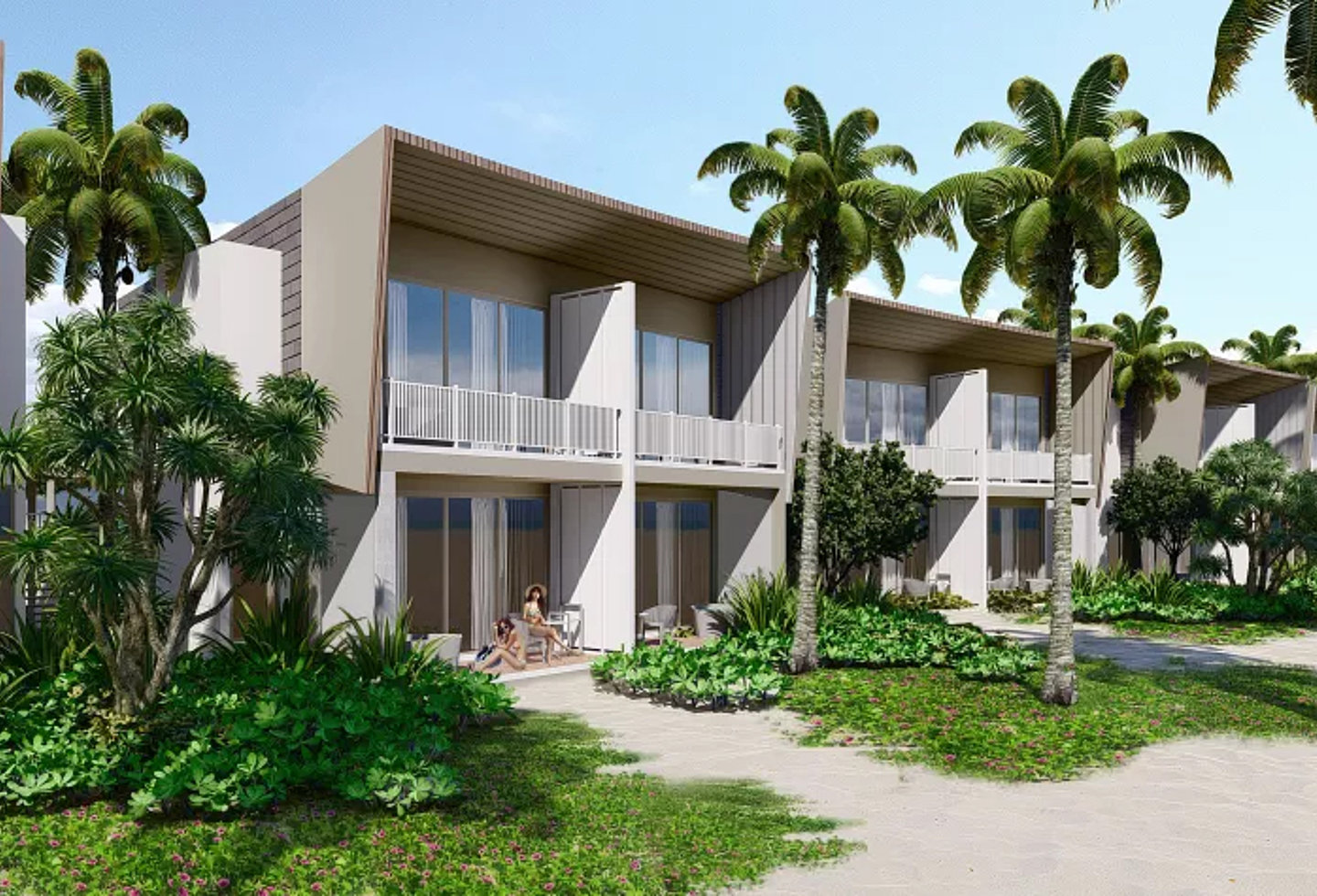 Blick auf die Beach Houses des Centara Mirage Lagoon Maldives Resorts.