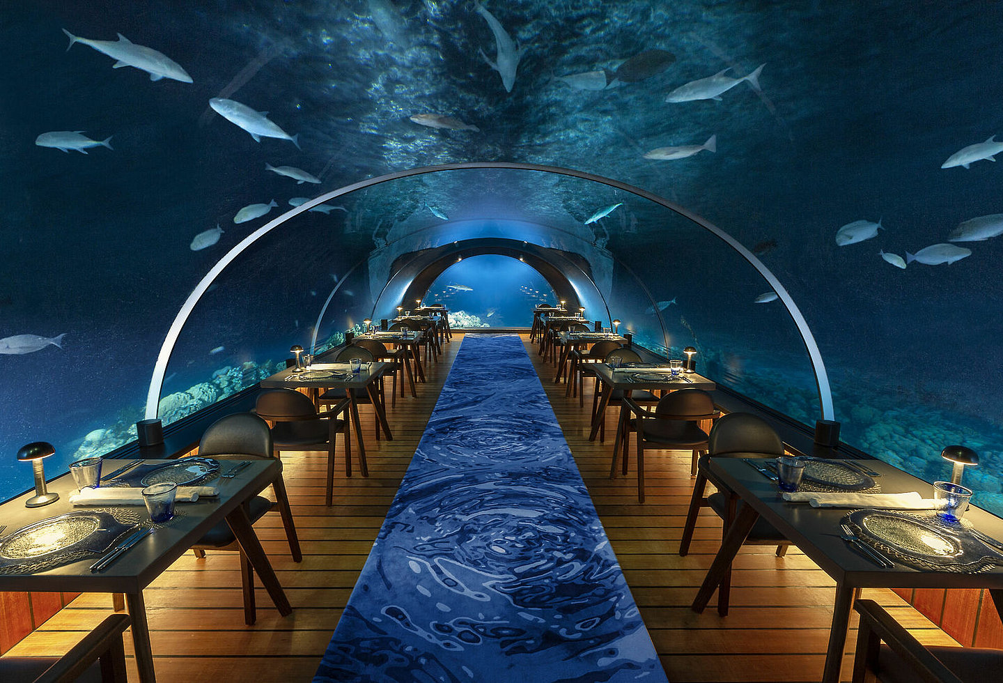 Restaurant unter Wasser, Glastunnel über den die Fische schwimmen, mit dunklen Holzmöbeln eingerichtet
