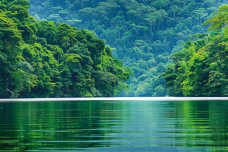 Schöne Aussicht auf den Amazonas Regenwald, mit Spiegelung im ruhigen Wasser.