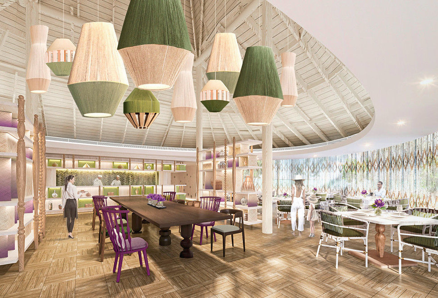 Modernes Restaurant mit heller Beleuchtung, mit Sicht auf das Meer.