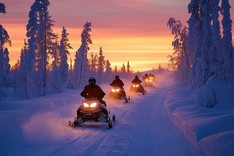 Mehrere Schneemobile fahren bei Sonnenuntergang durch eine verschneite Winterlandschaft.