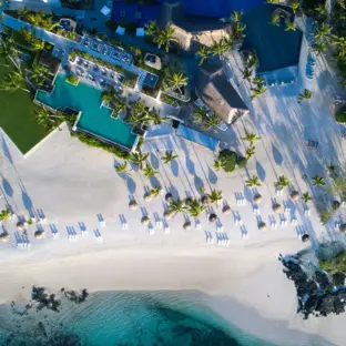 Luftaufnahme eines weißen Sandstrands mit Palmen, Liegen und türkisblauem Meer.