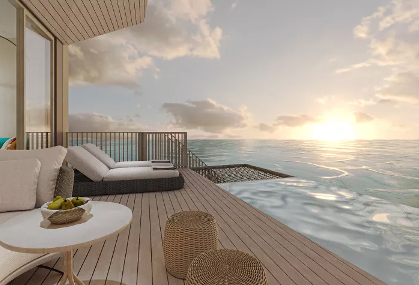 Blick aus einer Pool Villa das Centara Mirage Lagoon Maldives Resorts, auf das Meer.