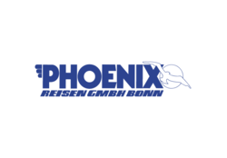 Logo von Phoenix Reisen mit blauem Schriftzug und Wellenmotiv auf weißem Hintergrund.