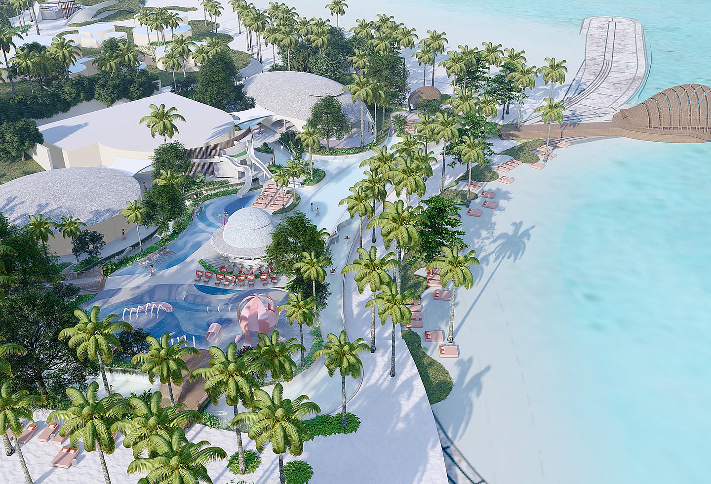 Blick auf das Centara Mirage Lagoon Maldives Resort und das blaue Meer.